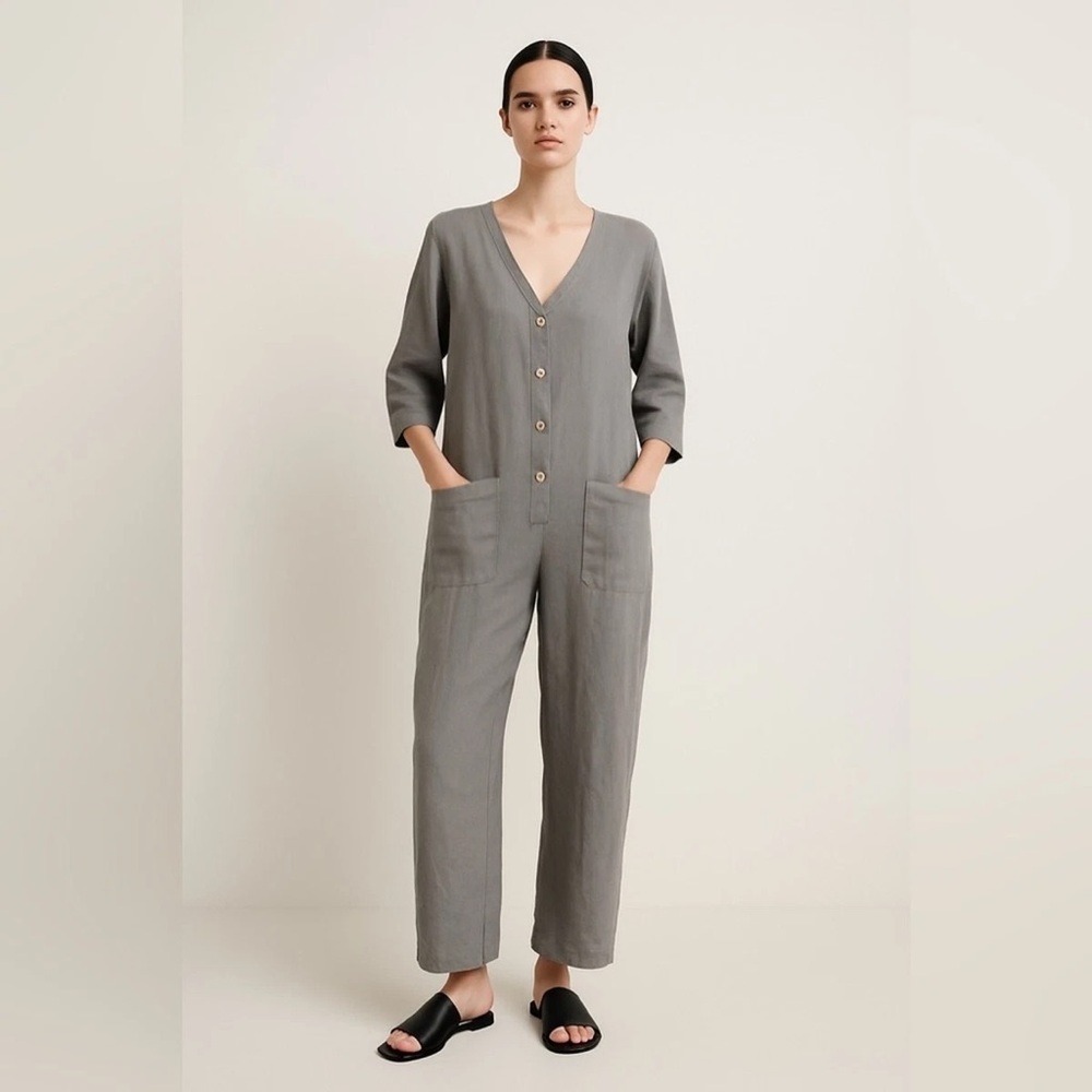 Zara gray Lillian linen Button Front Jumpsuit medium